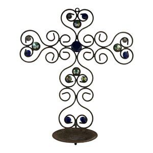 Vintage Wrought Iron Wall Cross Candle Holder – 16” x 14” with Blue & Iridescent